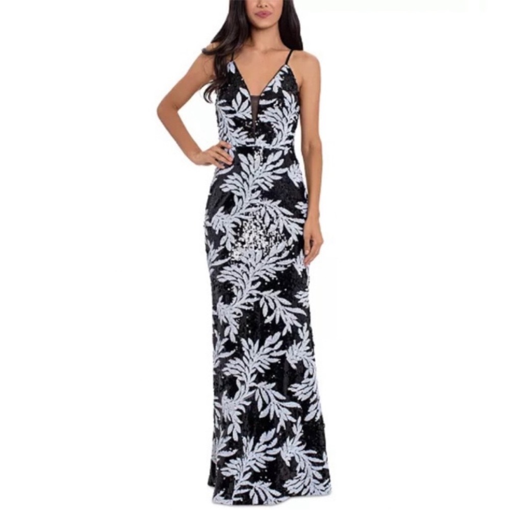 Betsy & Adam Floral Sequin Gown in Black/White 6